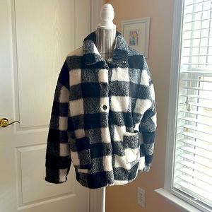 Button Front Gingham Teddy Coat